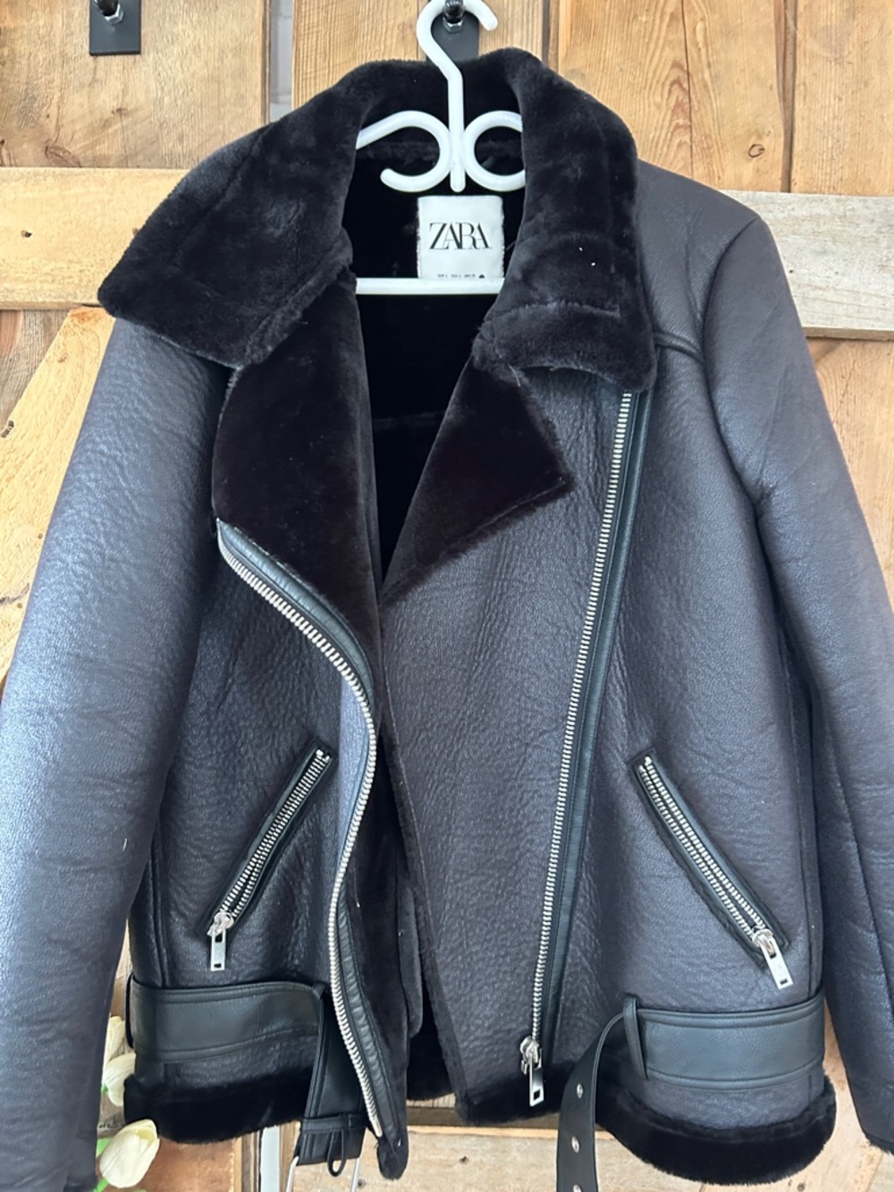 Zara Black Faux-Shearling Biker Jacket with Plush Collar